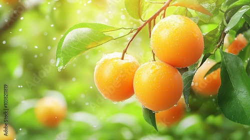 Fresh oranges hanging on a tree branch with sunlight and droplets.