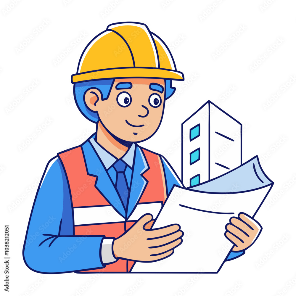 Hand-drawn engineer inspecting blueprints at a construction site, wearing a safety helmet. Perfect for: Engineer’s Day, construction industry events, safety campaigns