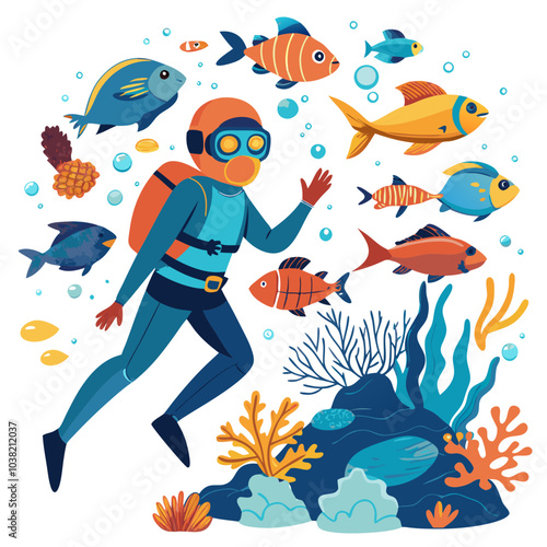 Hand-drawn diver exploring a coral reef and interacting with fish underwater. Perfect for: World Oceans Day, Coral Reefs, Diving Resorts