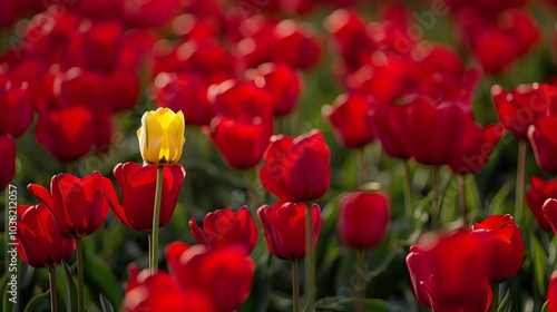A single yellow tulip stands out in a field of red tulips.