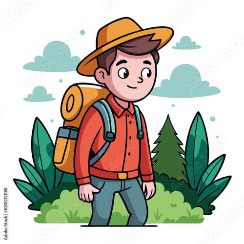 Hand-drawn explorer with a backpack, adventuring through a forest with curiosity. Perfect for: Earth Day, nature expeditions, outdoor adventure events