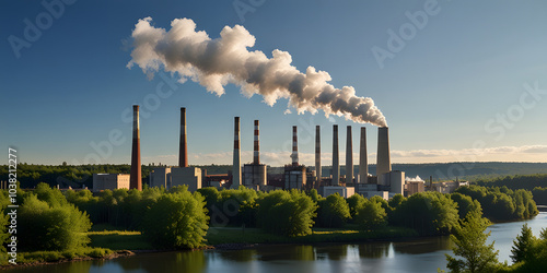 Power plant, large chimneys emitting white steam