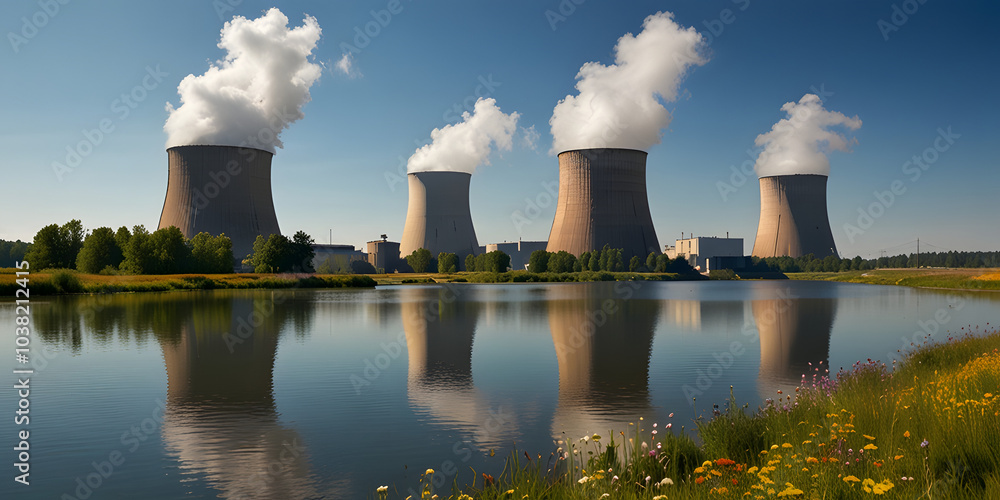 Nuclear power plant, cooling towers with rising steam, located near the lake Nuclear power plant, cooling towers with rising steam, located near the lake