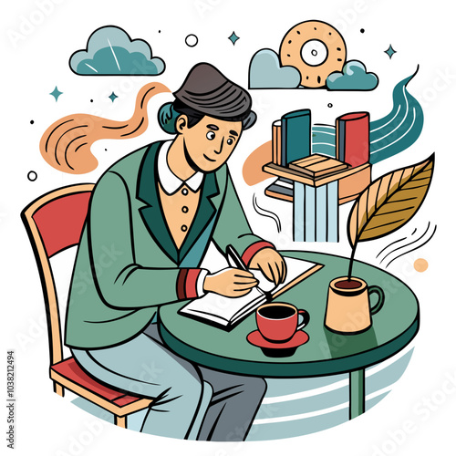 Hand-drawn novelist writing in a café with a coffee cup. Perfect for: World Book Day, National Novel Writing Month, literary events, cafes