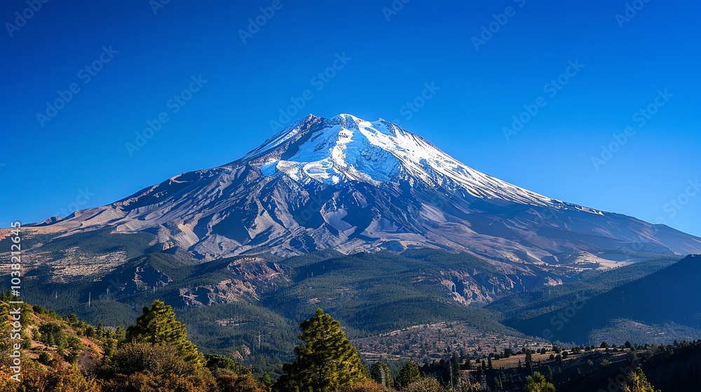 Fototapeta premium A snowy mountain peak with a bright blue sky and white clouds.