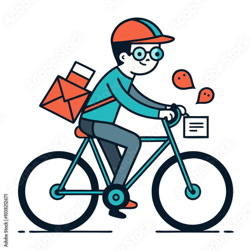 Hand-drawn postman delivering letters on a bicycle with focus. Perfect for: World Post Day, postal services events, urban life