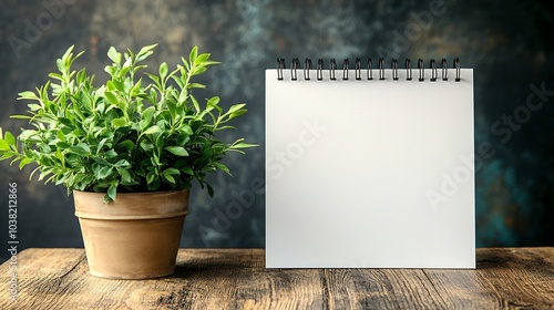 Blank white spiral desk calendar mockup displayed on a rustic wooden table accompanied by a vibrant green plant creating an inviting workspace that inspires productivity and organization photo