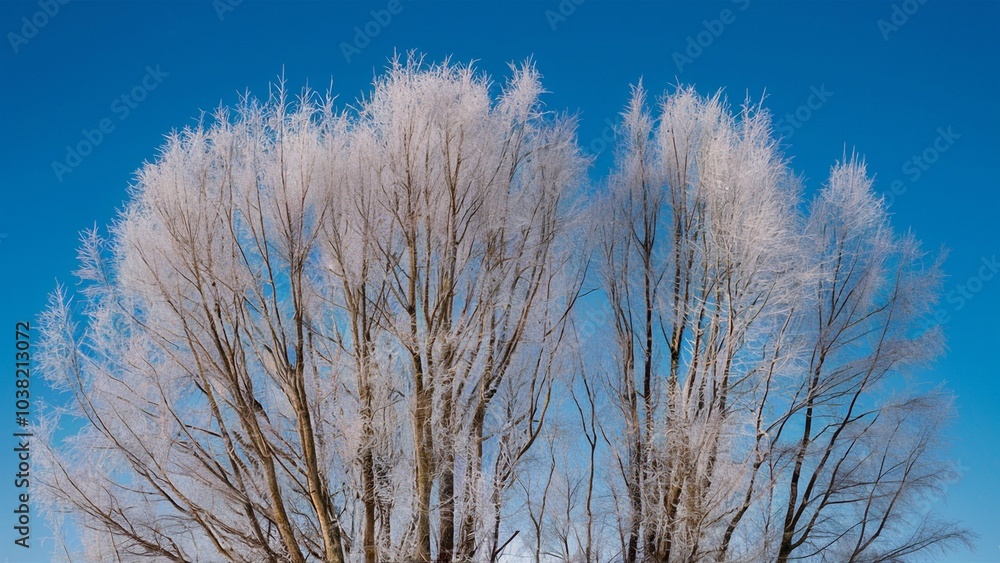 Frosted Tree Cluster Under Bright Winter Sky Frosted Tree Cluster Under Bright Winter Sky