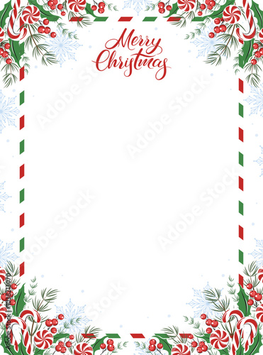 Blank greeting letter Merry Christmas and Happy New Year decorated with winter plants and snowflakes. Vector illustration