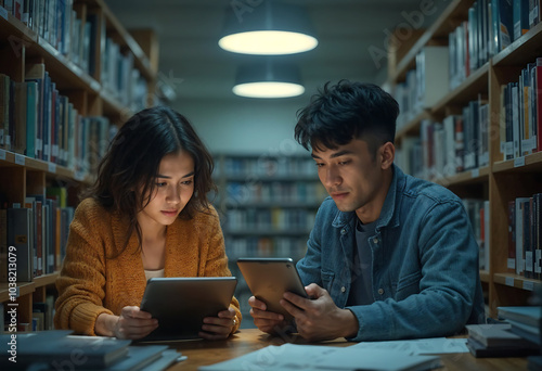 Late-Night Study Session: Friends Utilizing Digital Devices in a University Library