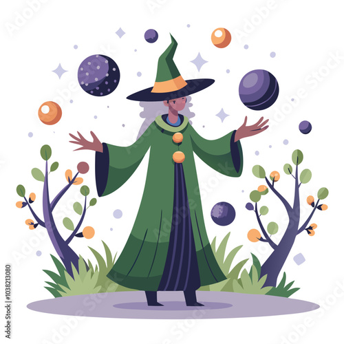 Hand-drawn witch casting spells in a forest with floating magical orbs. Perfect for: Halloween, Wiccan festivals, fantasy conventions, enchanted forests