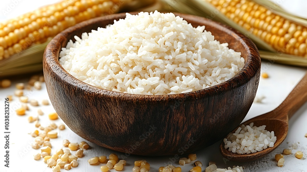 White rice in a wooden bowl with corn cobs in the background. White rice in a wooden bowl with corn cobs in the background.