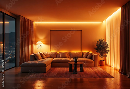 Modern Minimalist Living Room with Warm Ambient Lighting and Panoramic View