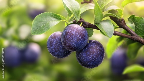 Fresh plums on branch surrounded by vibrant green leaves. photo