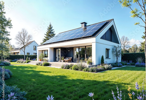 Eco-Friendly Home with Solar Panels and Lush Green Garden in a Suburban Setting