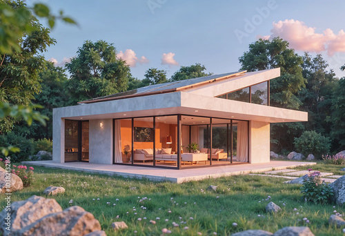Luxury Modern Home with Floor-to-Ceiling Windows in a Peaceful Natural Setting