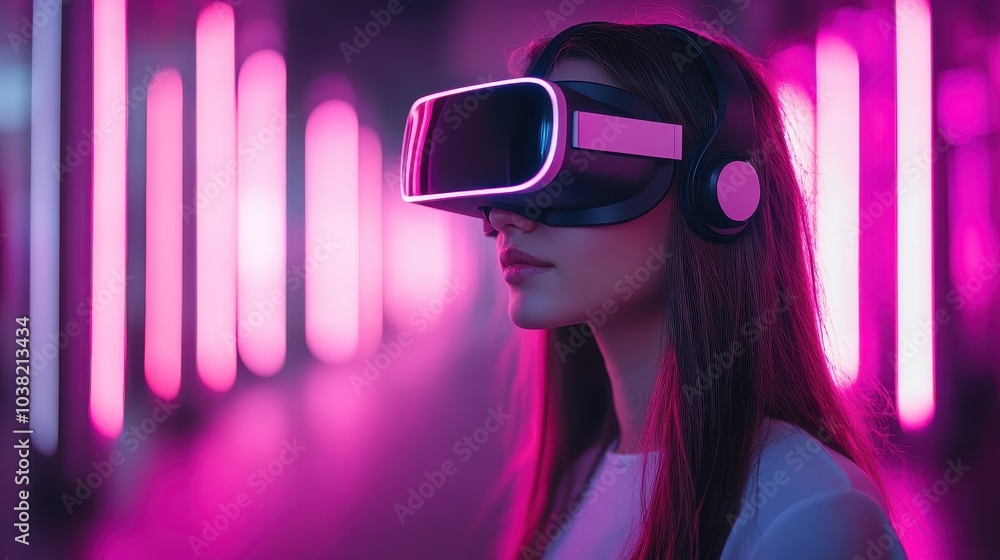Young woman with neon lights wearing VR headset and experiencing virtual reality simulation, metaverse and fantasy world. Young woman with neon lights wearing VR headset and experiencing virtual reality simulation, metaverse and fantasy world.
