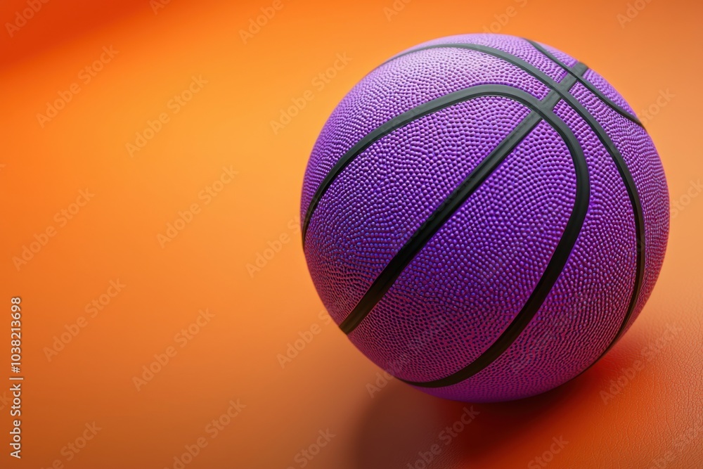 A vibrant purple basketball resting on an orange surface, emphasizing its texture and design. A vibrant purple basketball resting on an orange surface, emphasizing its texture and design.