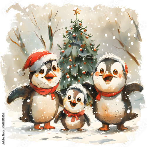 Wallpaper Mural A cute family of penguins in Santa hats standing next to a decorated Christmas tree, enjoying a snowy holiday scene Torontodigital.ca