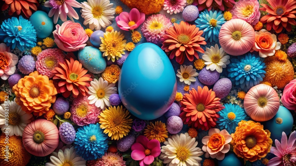 Blue Egg Surrounded by Flowers in Mid-Century Modern Abstract Shapes Pattern for Home Decor, Wallpaper, and Textile Designs in Pink and Orange Tones Blue Egg Surrounded by Flowers in Mid-Century Modern Abstract Shapes Pattern for Home Decor, Wallpaper, and Textile Designs in Pink and Orange Tones