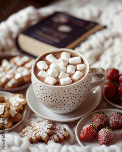 Cup of hot cocoa topped with marshmallows, surrounded by Christmas treats