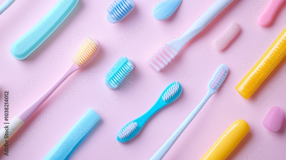 Bright and colorful flat lay image featuring a toothbrush and dental floss arranged artfully on a light background emphasizing the importance of daily dental care and oral hygiene Bright and colorful flat lay image featuring a toothbrush and dental floss arranged artfully on a light background emphasizing the importance of daily dental care and oral hygiene