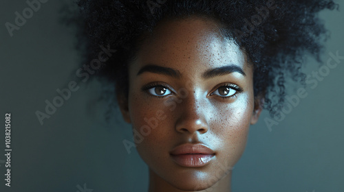 Retrato de una mujer multirracial en un estudio mirando a la cámara sobre un fondo gris.  photo