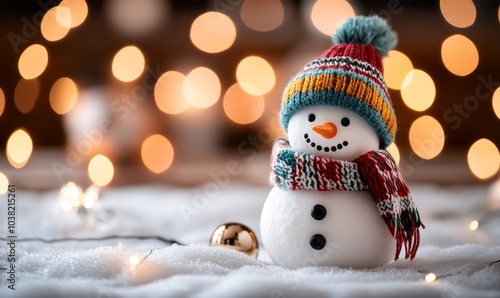 A cheerful snowman wearing a colorful hat and scarf sits on a snowy surface adorned with warm lights during winter festivities.