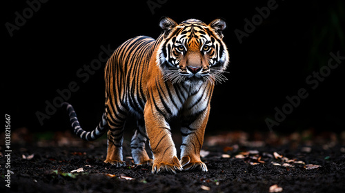 A majestic Bengal tiger with orange and black stripes, standing on a dark background, stares intently at the camera with its piercing eyes. photo