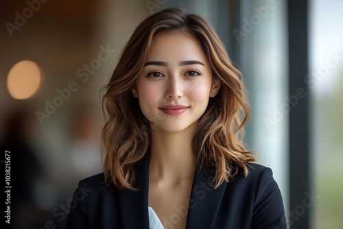 Confident Businesswoman Portrait with Natural Lighting and Wavy Hair