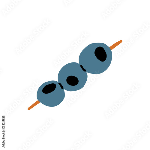 Black Olive Canape on Wooden Toothpick. Food Vector Illustration in Hand Drawn Style on White Isolated Background