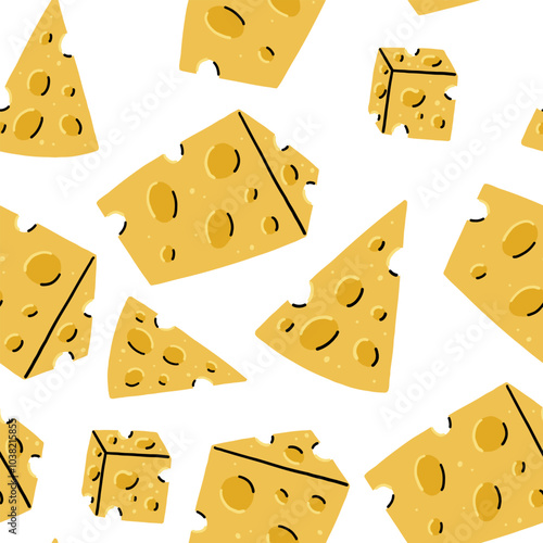 Cheese Cube and Triangle with Holes Seamless Pattern.  Food Snake Background in Hand Drawn Style 