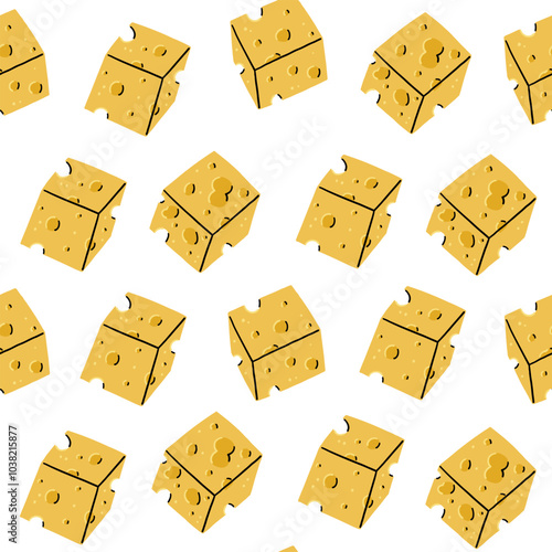 Yellow Cheese Cubes in Holes Seamless Pattern. Food Snake Background in Hand Drawn Style 