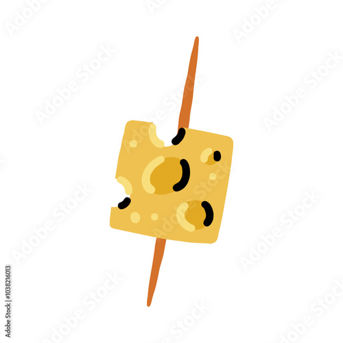 Yellow Cheese Cube Canape on Wooden Stick Toothpick. Cheesy Food Vector Illustration in Hand Drawn Style on White Isolated Background