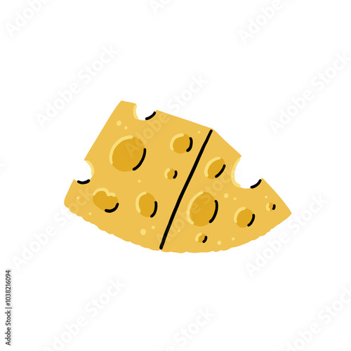 Yellow Cheese with Holes. Cheesy Food Vector Illustration in Hand Drawn Style on White Isolated Background