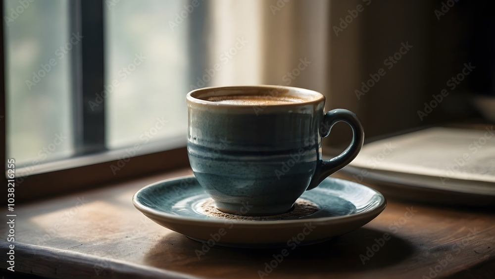 Fototapeta premium A Cozy Coffee Cup Resting on a Saucer by the Window in a Warmly Lit Room During the Morning Hours