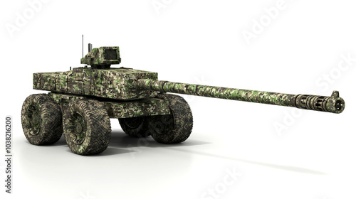 A military robot with a long barrel gun, six wheels, and camouflage. photo