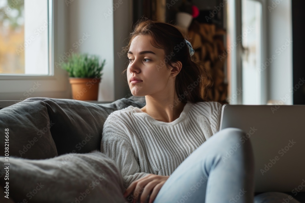 Young woman sitting on a couch indoors, distracted from work while gazing thoughtfully out the window during the afternoon Young woman sitting on a couch indoors, distracted from work while gazing thoughtfully out the window during the afternoon