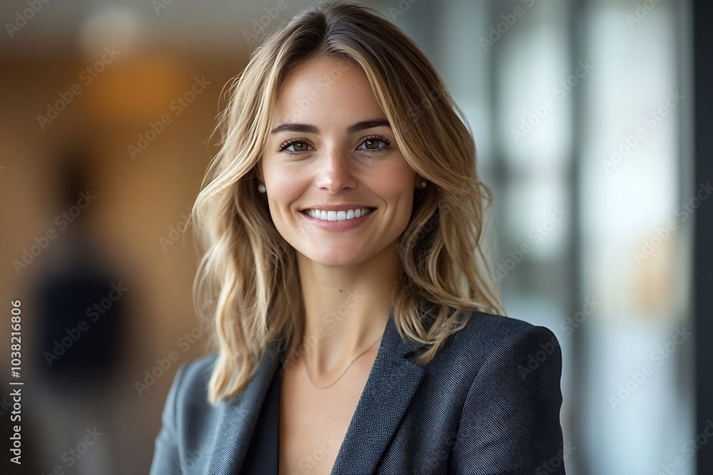 Confident Businesswoman Smiling in Gray Blazer Confident Businesswoman Smiling in Gray Blazer