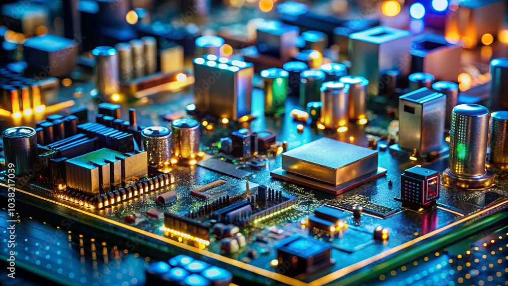 Obraz premium Close-Up Exploration of Computer Components in Tilt-Shift Style Showcasing Technology's Aesthetic Beauty with AI Generated Art