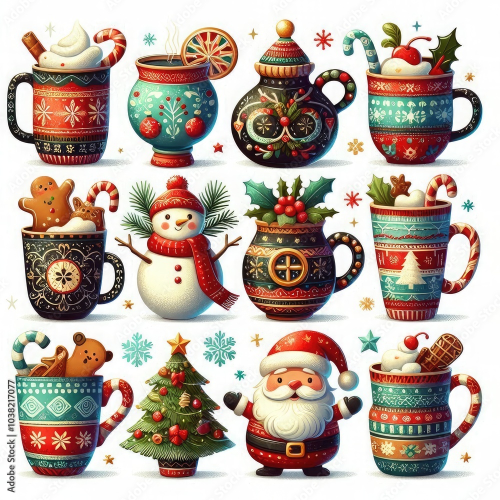 Fototapeta premium Set of festive Christmas mugs, each adorned with holiday patterns, isolated on a crisp white background for a clean, minimalist presentation
