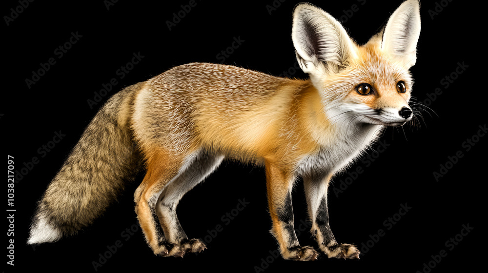 Fototapeta premium A red fox with a white-tipped tail stands on a black background.
