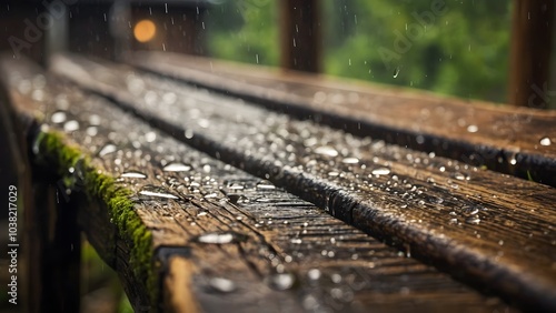 Raindrops Glisten on Weathered Wooden Table During a Tranquil Afternoon in a Lush Green Garden