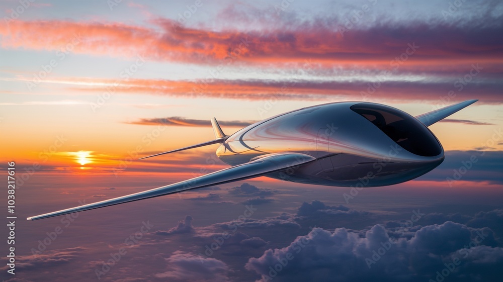 Futuristic airplane flying through vibrant sunset clouds Futuristic airplane flying through vibrant sunset clouds