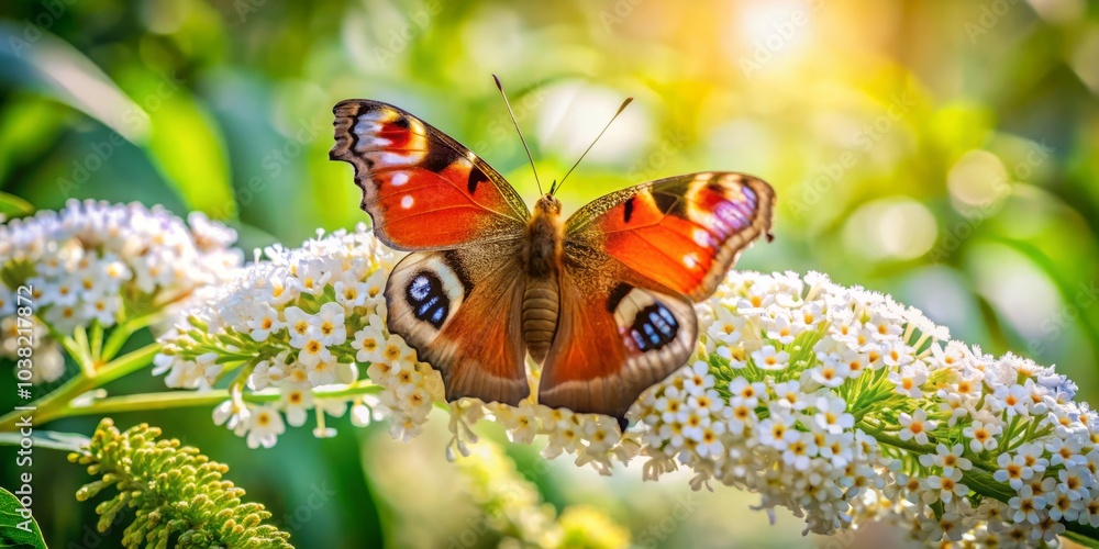 Fototapeta premium Close-Up of Peacock Butterfly Feeding on White Buddleja Flower - Stunning Nature Landscape Photography of Aglais Io