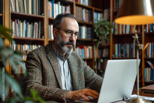 Knowledgeable teacher working on a laptop in a cozy library environment during a quiet afternoon