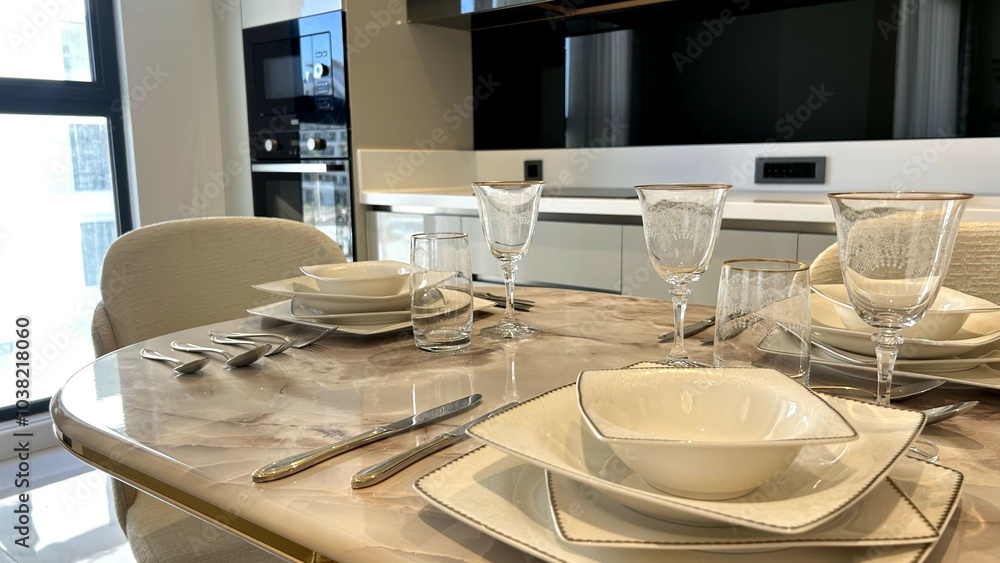 Elegant dining setup in a modern kitchen with marble table and designer glassware, ideal for interior design themes and lifestyle magazines. Elegant dining setup in a modern kitchen with marble table and designer glassware, ideal for interior design themes and lifestyle magazines.