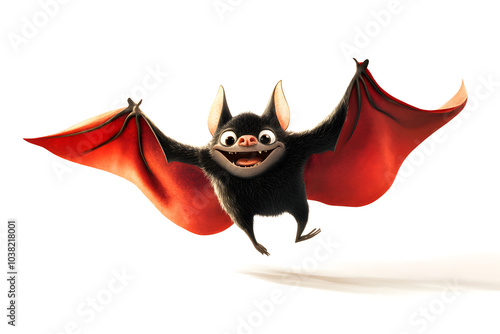 A whimsical illustration of a vampire bat flying with a red cape, smiling mischievously, isolated on a white background photo