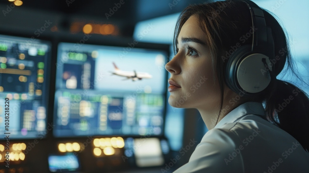 Air Traffic Control Officer, a female professional working in the airport tower, monitoring flight movements and communicating directly with pilots to ensure safe operations Air Traffic Control Officer, a female professional working in the airport tower, monitoring flight movements and communicating directly with pilots to ensure safe operations