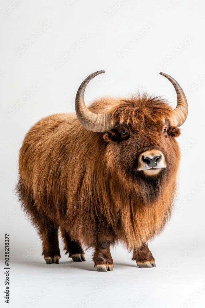 Unique portrait of a musk ox with thick brown fur and curved horns in a winter setting against a white background Unique portrait of a musk ox with thick brown fur and curved horns in a winter setting against a white background